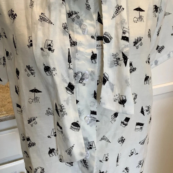 Canapé White & Black Linen Bow Blouse Novelty Print Flowers Size Medium - Picture 9 of 10